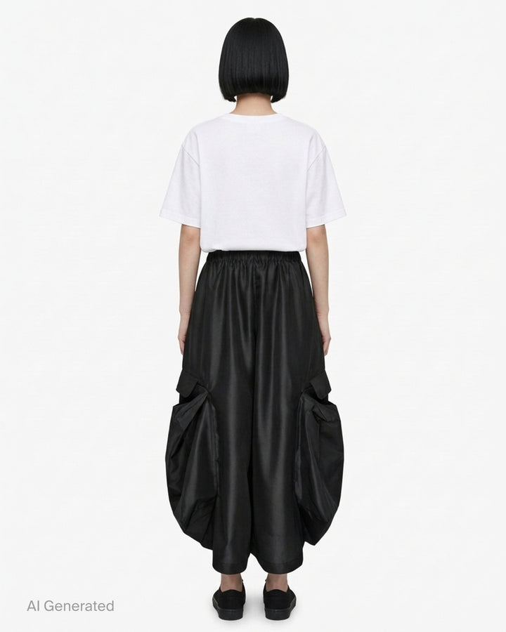 Black wide-leg pants with a gathered elastic waist and oversized draped cargo pockets by Comme des Garçons Comme des Garçons - back
