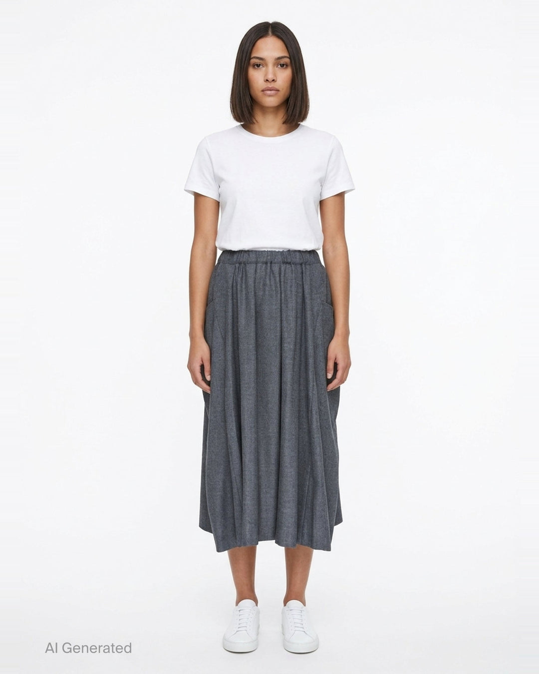 Comme des Garçons Comme des Garçons gathered waist draped skirt in heathered grey, shown flat with sculptural side panels and pleated centre front - front