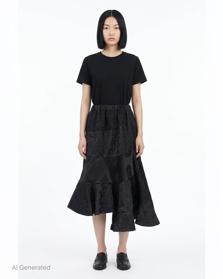 Black jacquard patchwork midi skirt with elasticated waist and asymmetric tiered flounce hem by Comme des Garçons Comme des Garçons - front