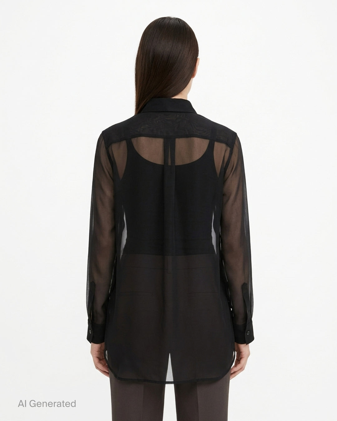 Comme des Garçons Comme des Garçons black layered sheer shirt with pointed collar, pearl buttons, chest patch pocket and longer underlayer hem - back