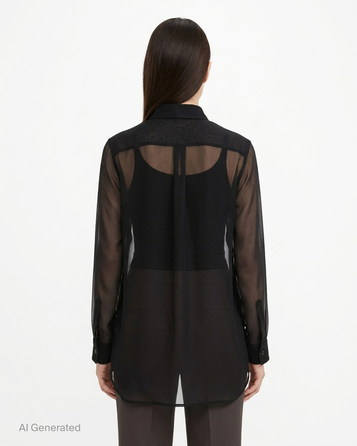 Comme des Garçons Comme des Garçons black layered sheer shirt with pointed collar, pearl buttons, chest patch pocket and longer underlayer hem - back