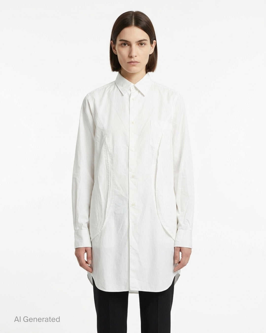 Comme des Garçons Comme des Garçons white longline shirt with raw-edge panel seams, chest pocket and button-through front - front