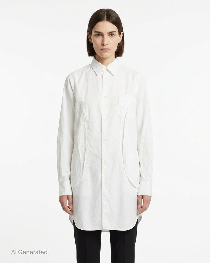 Comme des Garçons Comme des Garçons white longline shirt with raw-edge panel seams, chest pocket and button-through front - front