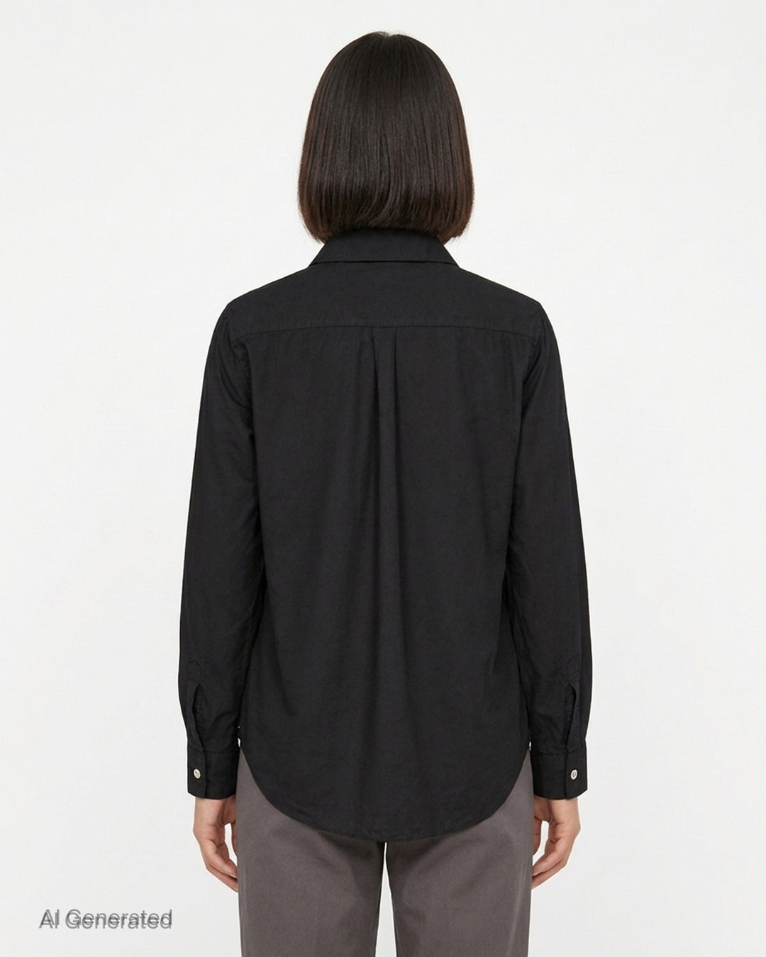 Black pleated button-down shirt with rounded collar, pale buttons and frayed pleated hem by Comme des Garçons Comme des Garçons - back