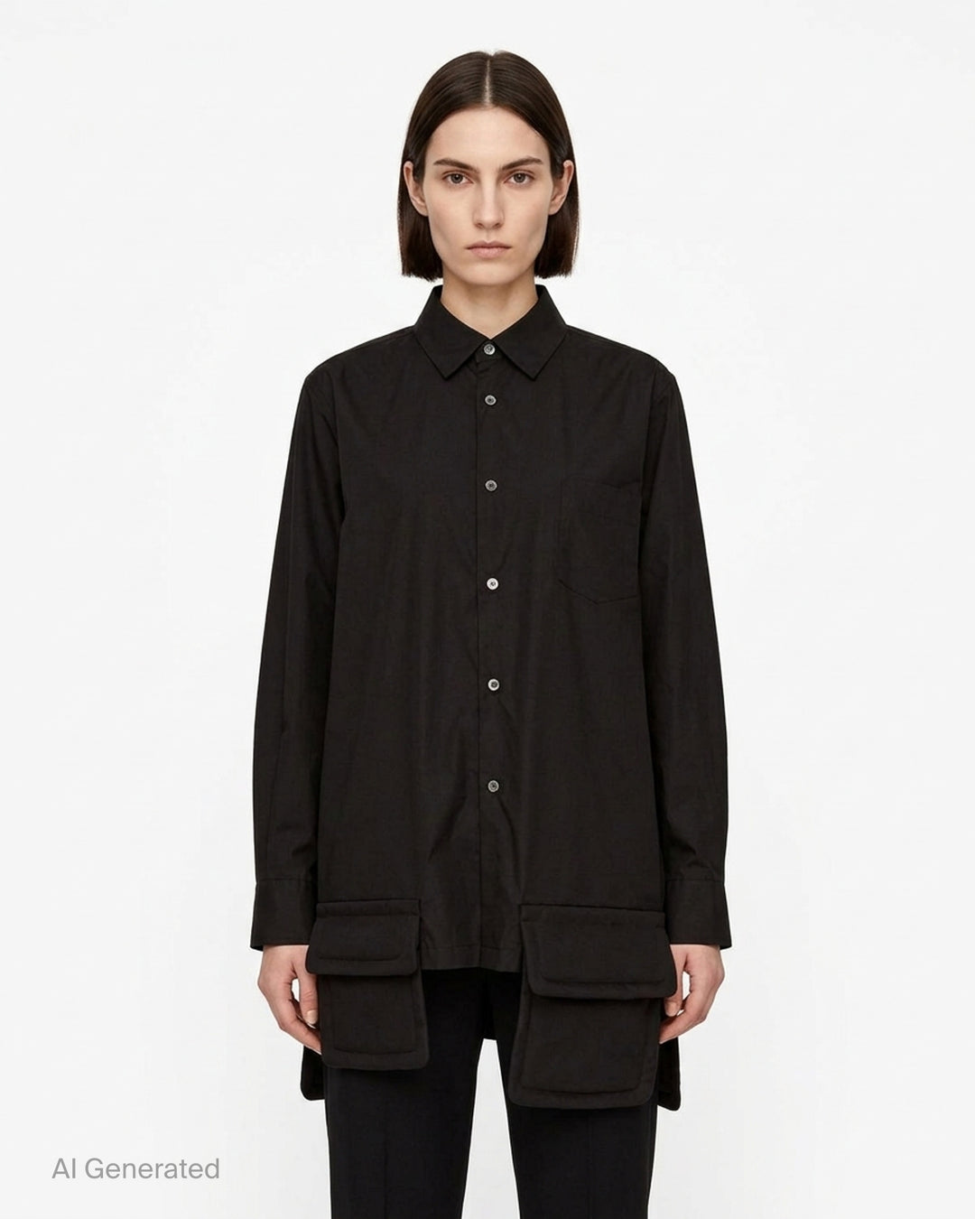 Black long sleeve shirt with asymmetric hem and padded flap pockets by Comme des Garçons Comme des Garçons - front