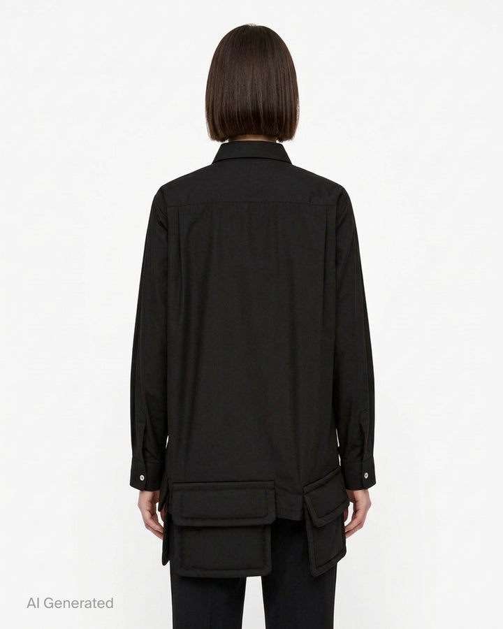 Black long sleeve shirt with asymmetric hem and padded flap pockets by Comme des Garçons Comme des Garçons - back