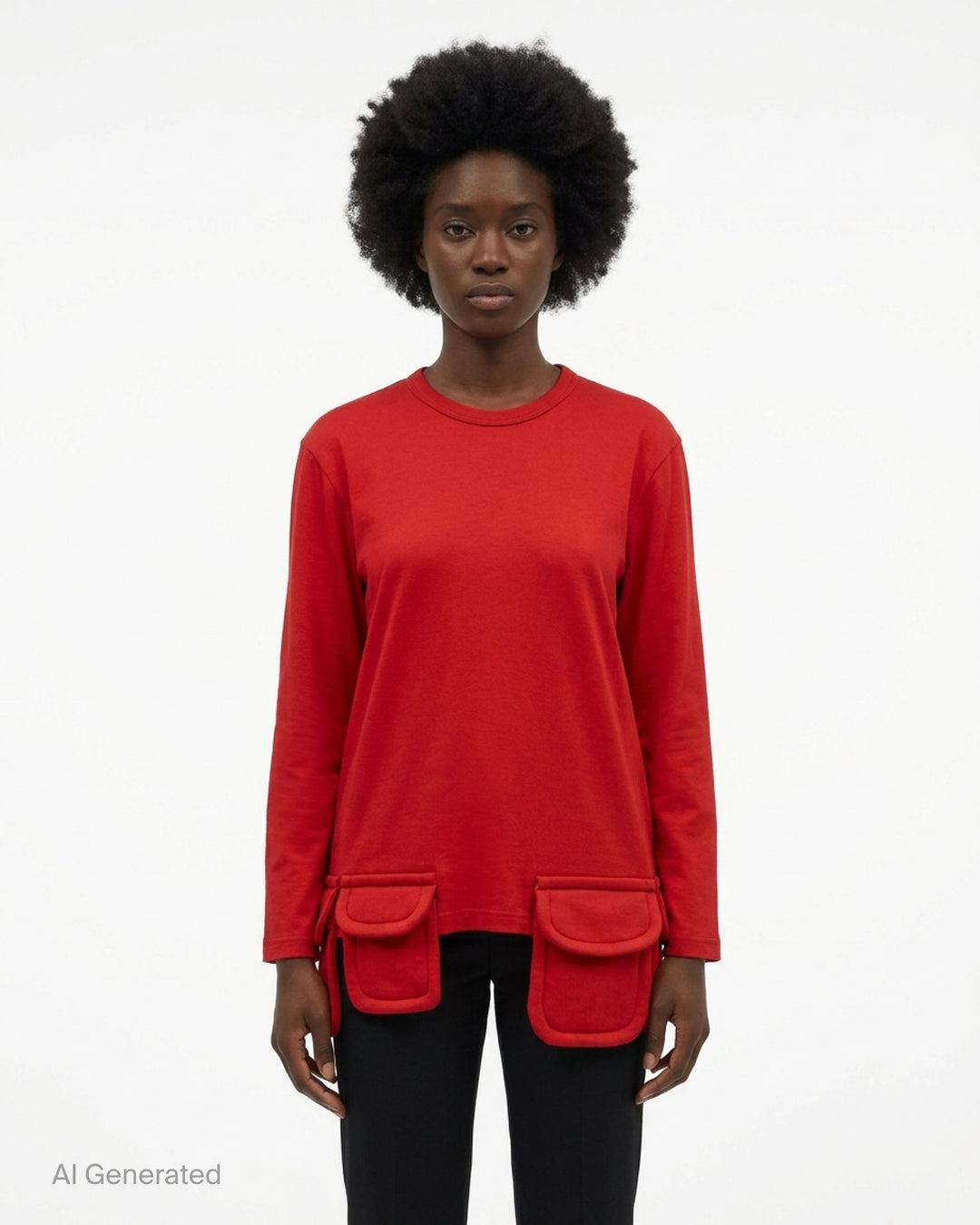 Red Comme des Garçons Comme des Garçons long sleeve jersey top with padded flap pockets and tie details along the asymmetric hem - front