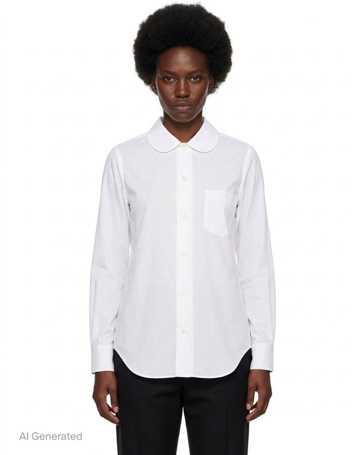 Red semi-sheer Comme des Garçons Comme des Garçons button-down shirt with a rounded collar, white buttons and a chest pocket - front