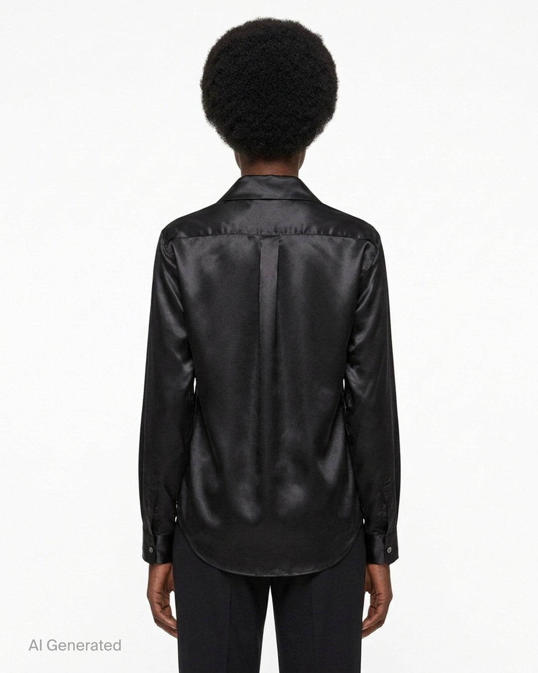Black satin long sleeve blouse with a round collar and ruched gathered front bodice by Comme des Garçons Comme des Garçons - back