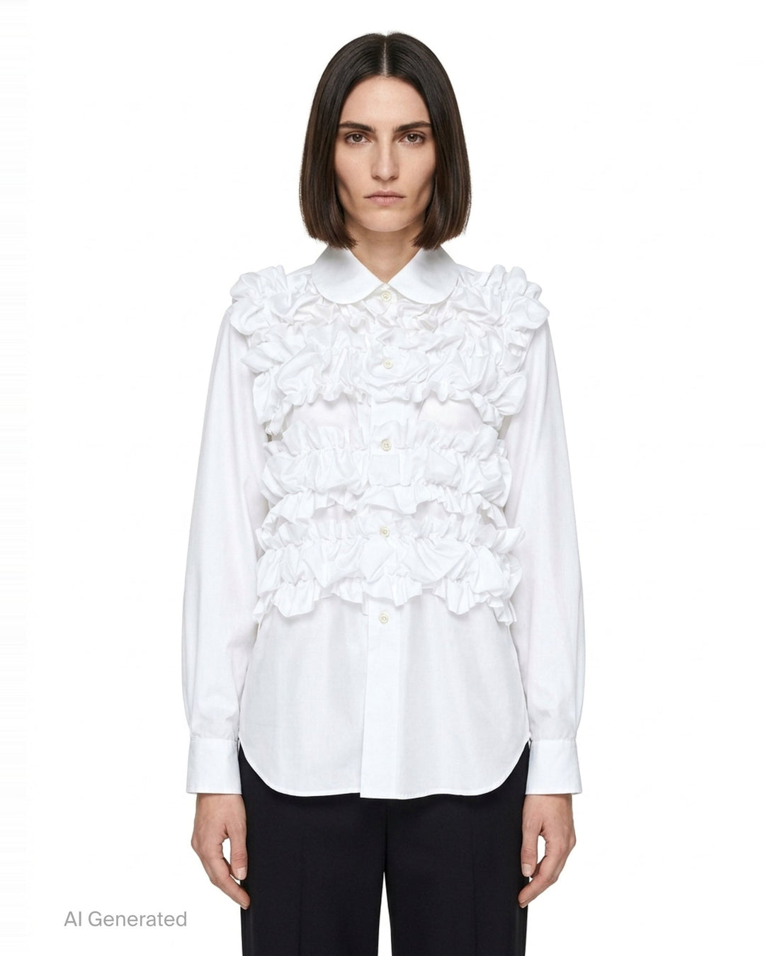 Comme des Garçons Comme des Garçons black satin blouse with dramatic tiered gathered ruffle bib front, long sleeves, point collar, and button fastening, on a white background - front