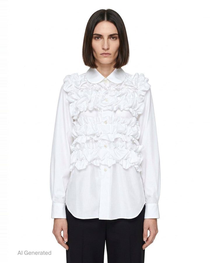 Comme des Garçons Comme des Garçons black satin blouse with dramatic tiered gathered ruffle bib front, long sleeves, point collar, and button fastening, on a white background - front
