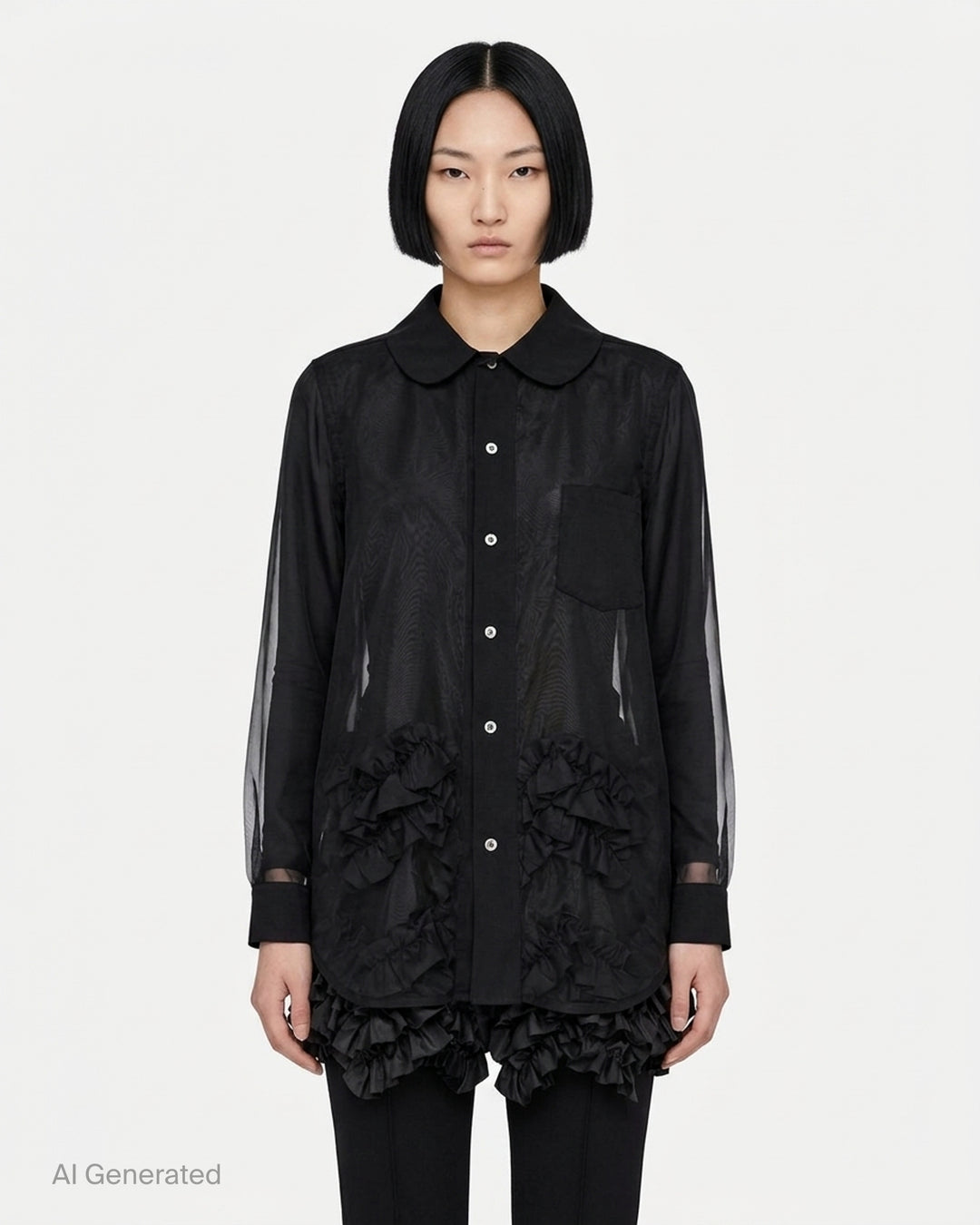 Black sheer organza longline blouse with a rounded collar, button front and gathered taffeta ruffles at the hem by Comme des Garçons Comme des Garçons - front