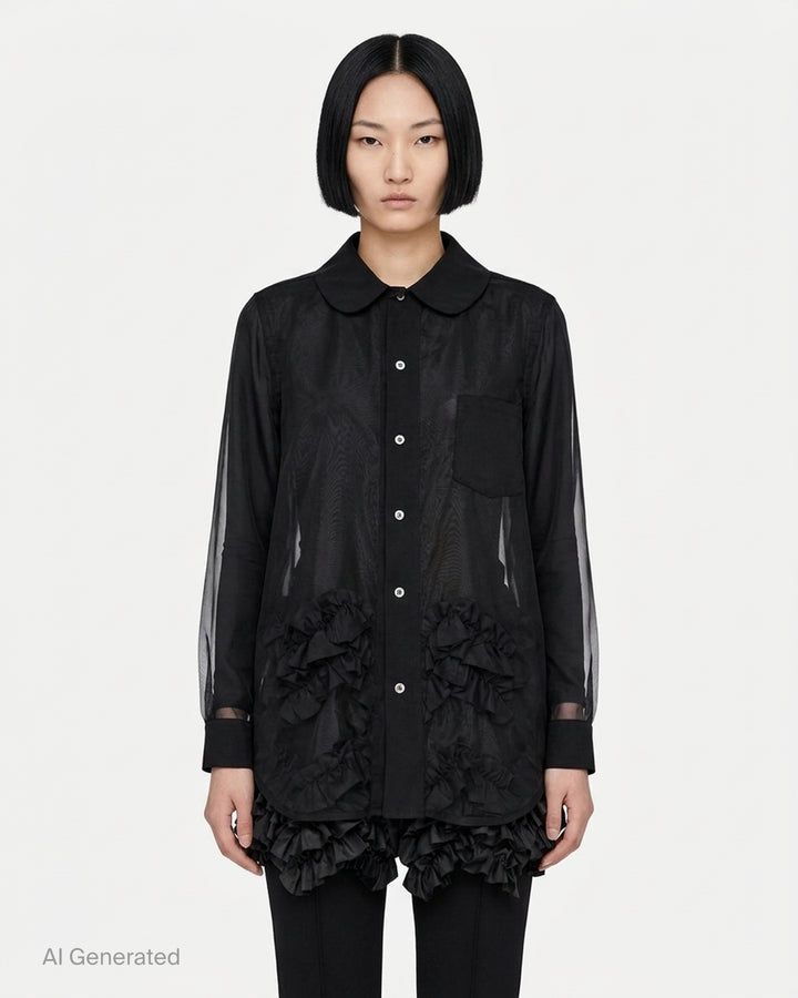 Black sheer organza longline blouse with a rounded collar, button front and gathered taffeta ruffles at the hem by Comme des Garçons Comme des Garçons - front