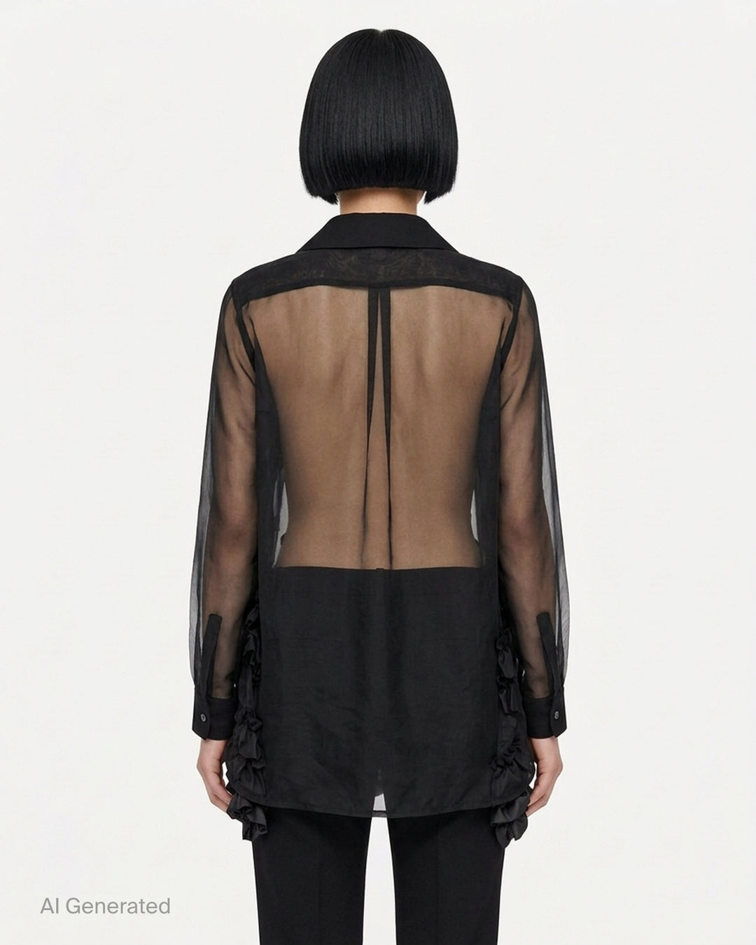 Black sheer organza longline blouse with a rounded collar, button front and gathered taffeta ruffles at the hem by Comme des Garçons Comme des Garçons - back