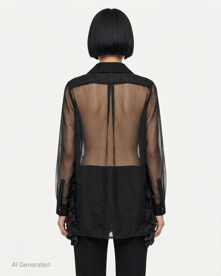Black sheer organza longline blouse with a rounded collar, button front and gathered taffeta ruffles at the hem by Comme des Garçons Comme des Garçons - back