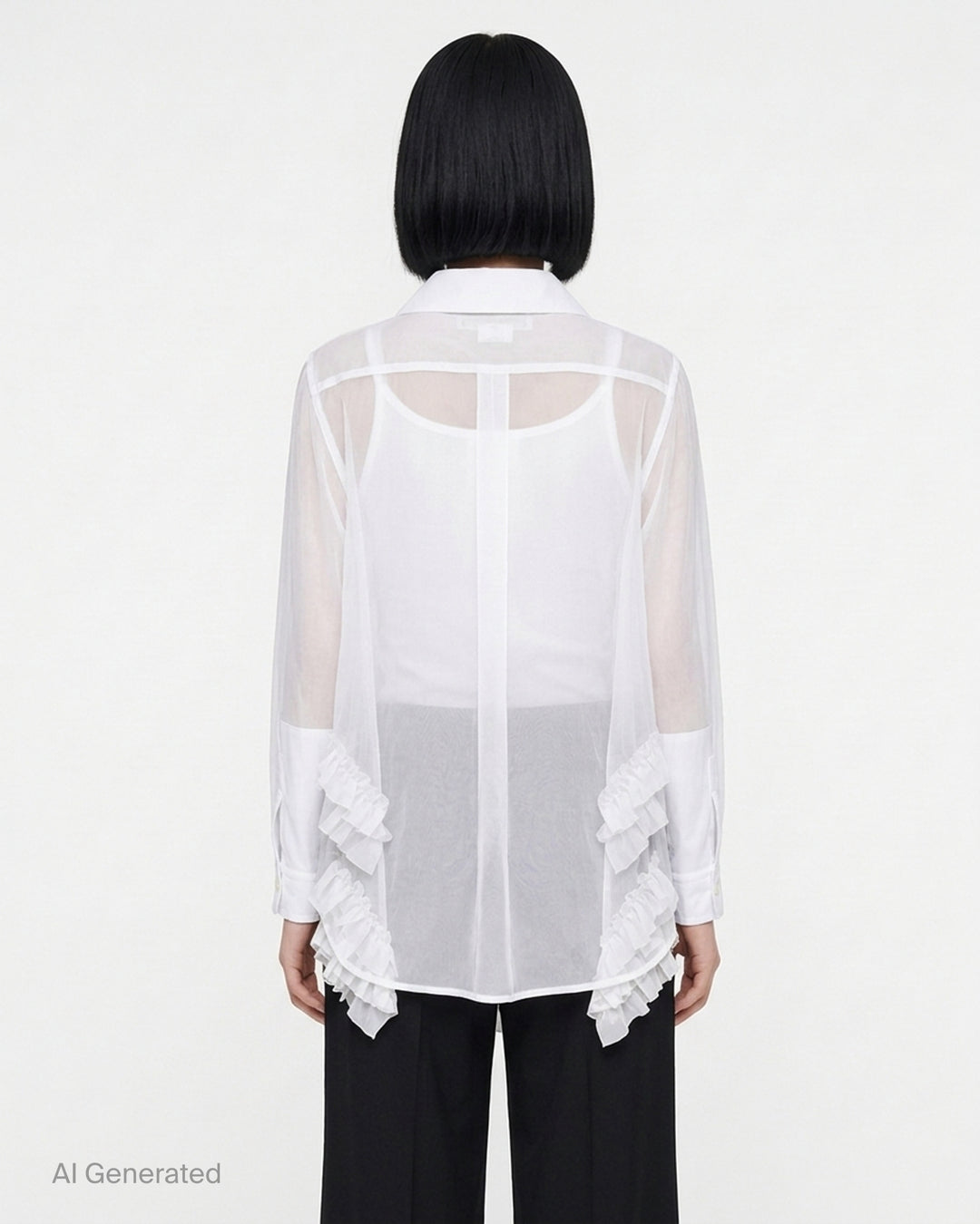 Black sheer organza longline blouse with a rounded collar, button front and gathered taffeta ruffles at the hem by Comme des Garçons Comme des Garçons - back
