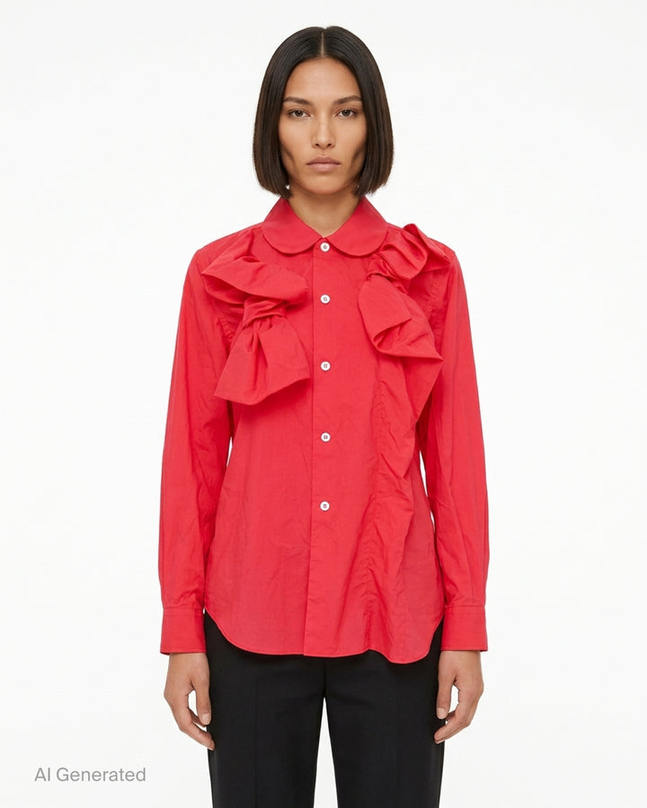 Black sheer button-up shirt with ruched gathered sleeve panels and a chest pocket by Comme des Garçons - front