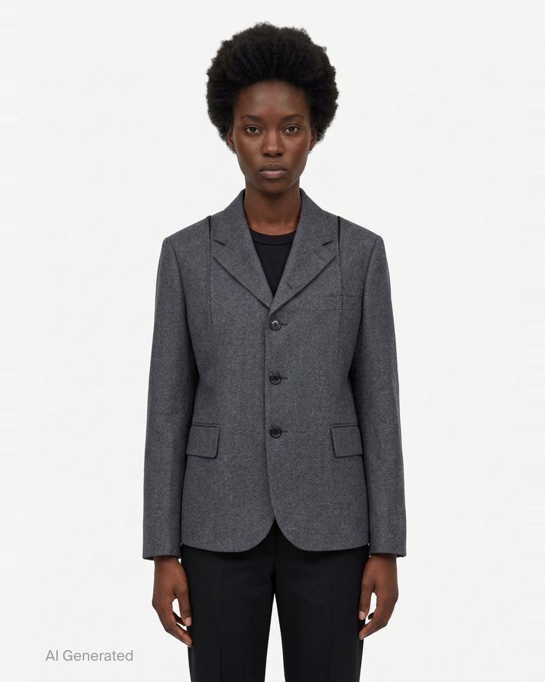 Comme des Garçons Comme des Garçons charcoal grey single-breasted tailored blazer with deconstructed double-lapel detail and three-button closure, styled flat on a white background - front