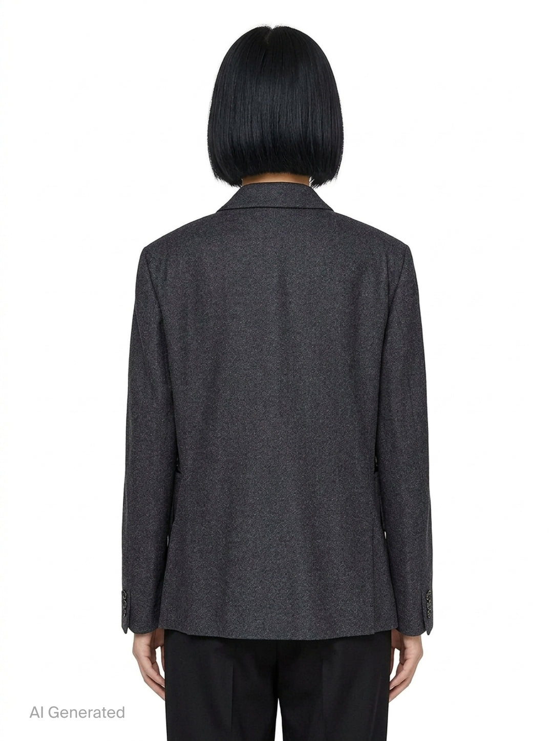 Comme des Garçons Comme des Garçons charcoal grey single-breasted tailored blazer with deconstructed double-lapel detail and three-button closure, styled flat on a white background - back