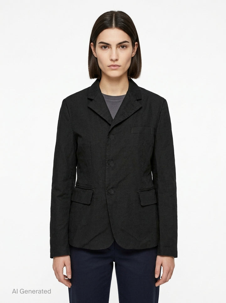 Comme des Garçons Comme des Garçons black tailored single-breasted blazer with notched lapels, three-button closure, chest welt pocket, and flap pockets at the hem, displayed flat on a white background. - front