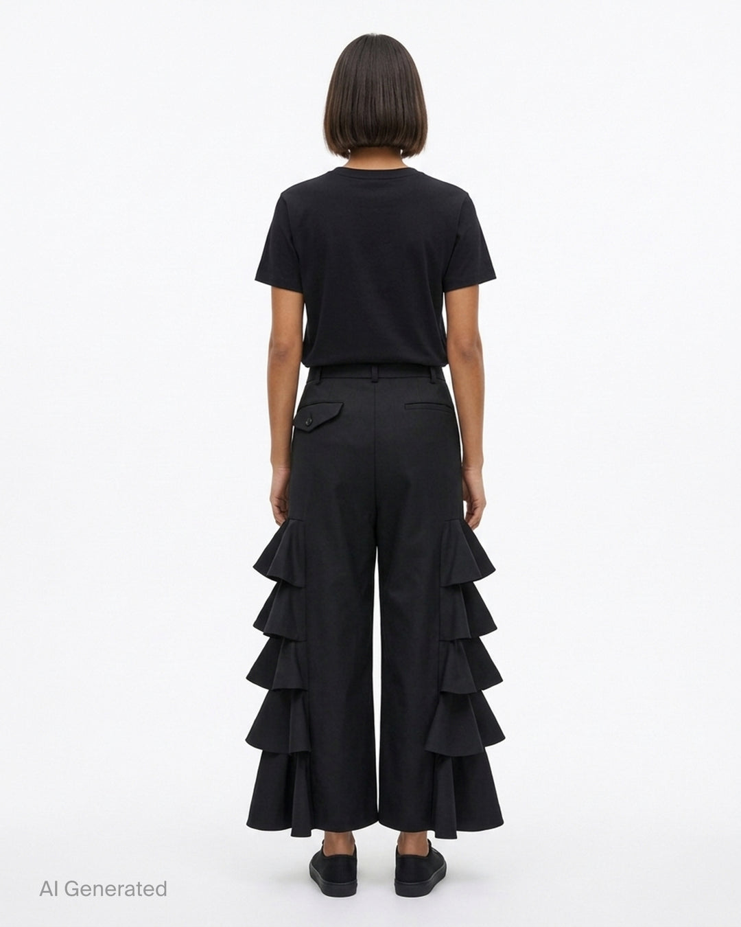Black wide-leg cropped pants with cascading tiered ruffles down both sides, shown from the front against a white background - back