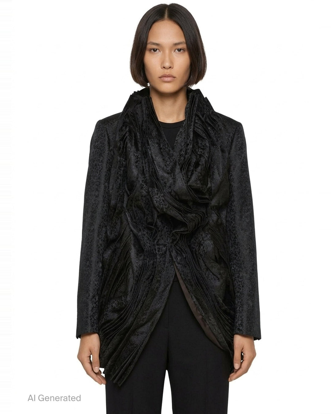 Comme des Garçons deconstructed black floral jacquard jacket with cascading accordion-pleated ruffle panel from collar to hem, shown on white background - front