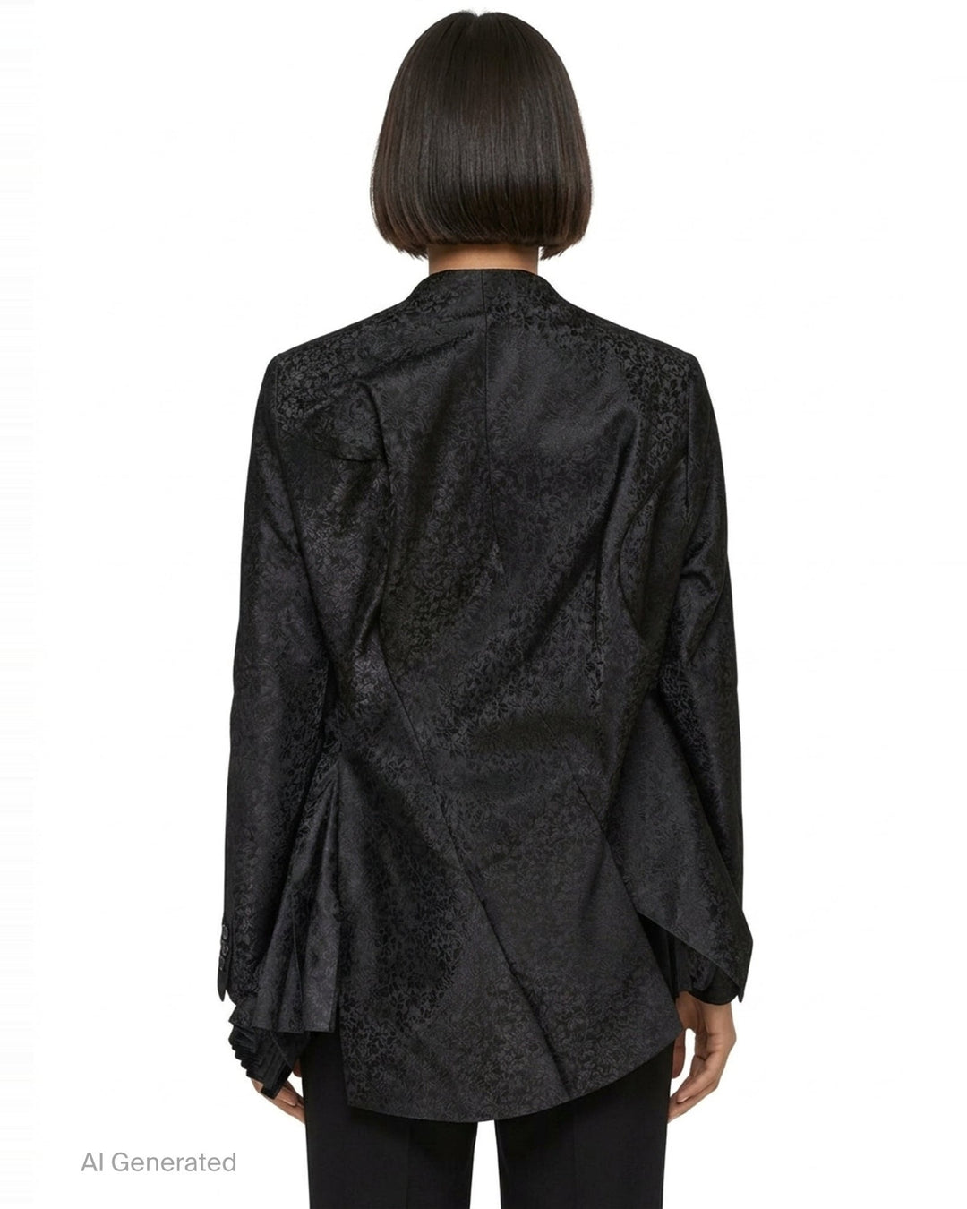 Comme des Garçons deconstructed black floral jacquard jacket with cascading accordion-pleated ruffle panel from collar to hem, shown on white background - back
