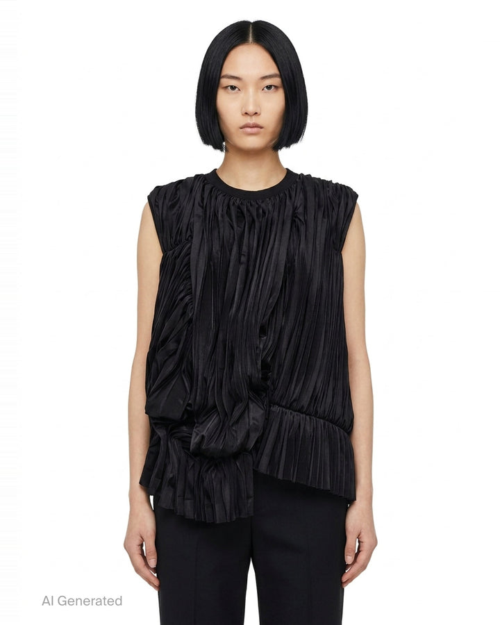 Comme des Garçons black pleated satin deconstructed ruched sleeveless top with asymmetric cascading hem, product flat lay on white background - front