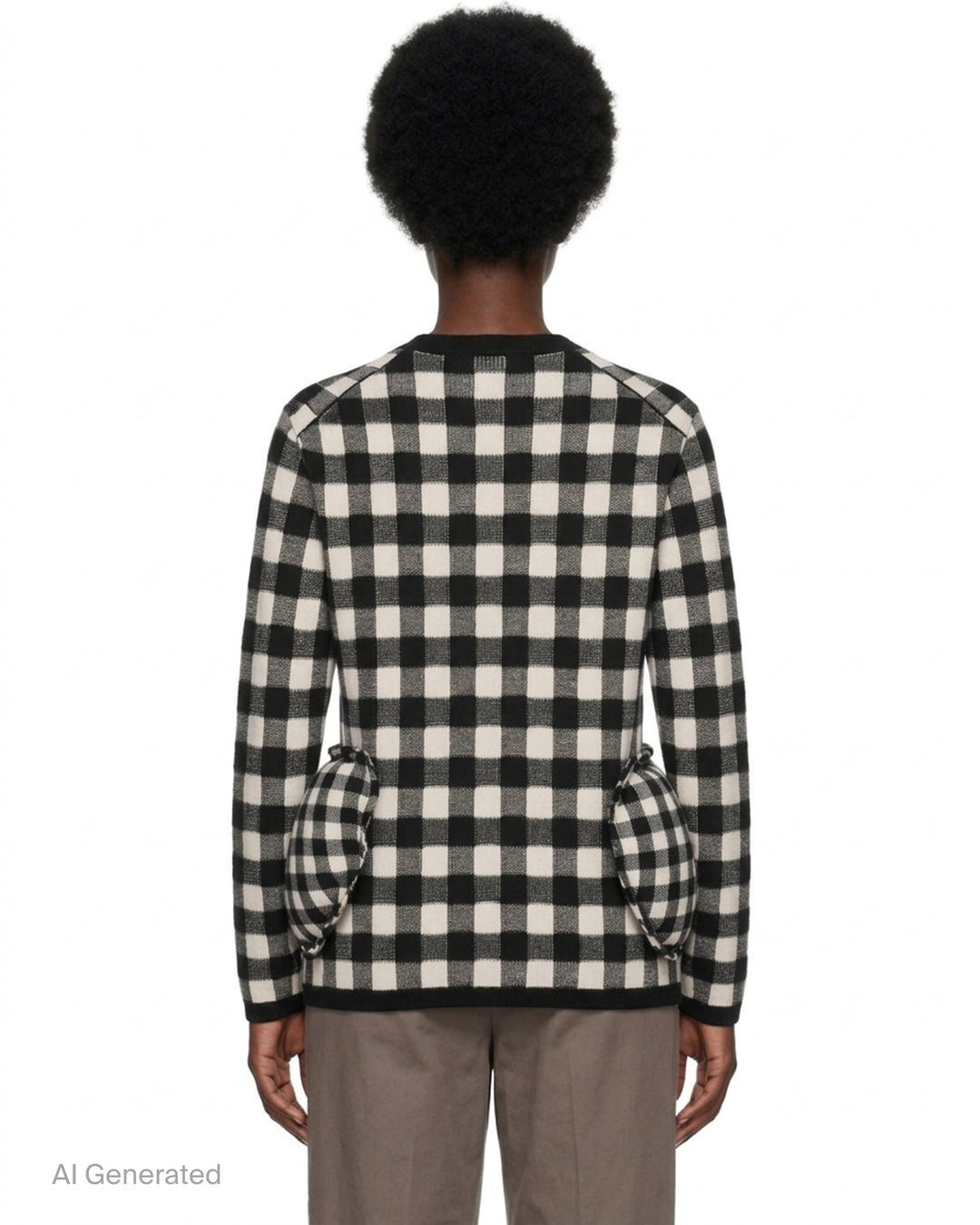 Comme des Garçons black and cream double jacquard gingham crewneck sweater with sculpted gathered pockets at the hips - back