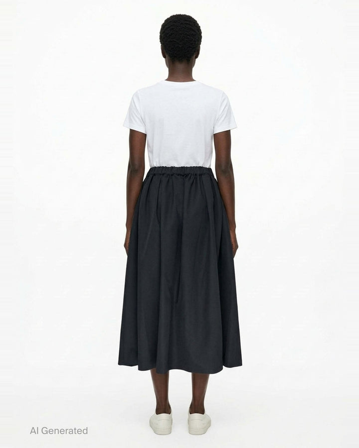 Comme des Garçons black asymmetrical midi skirt with ruched detailing and a flared hem, shown from the side against a white background - back