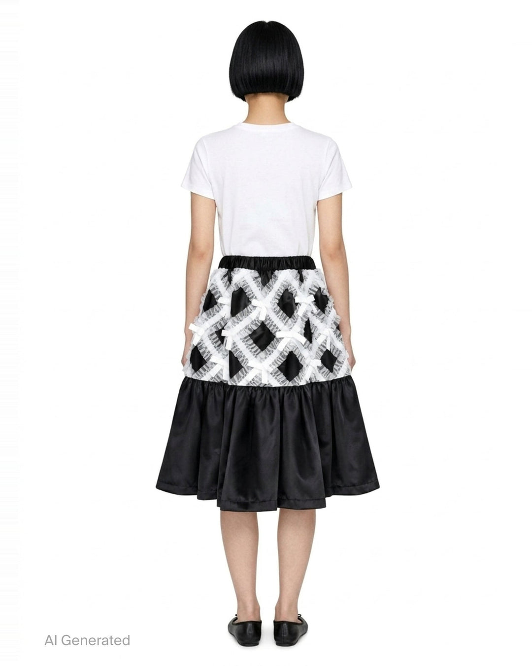 Comme des Garçons Girl black satin A-line skirt with white criss-cross tulle lattice overlay and satin ribbon bows, gathered flared hem, white background - back