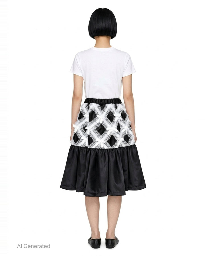 Comme des Garçons Girl black satin A-line skirt with white criss-cross tulle lattice overlay and satin ribbon bows, gathered flared hem, white background - back
