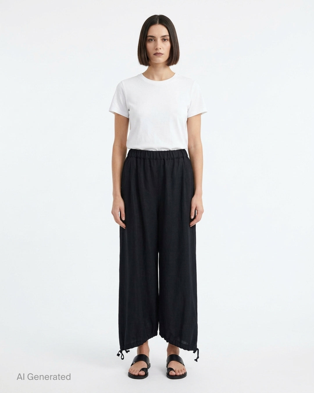 Black cropped wide-leg wool pants with an elasticated waistband and drawstring tie hems by Comme des Garçons Girl - front