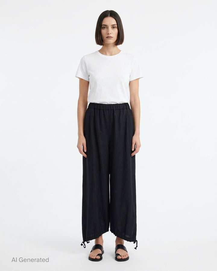 Black cropped wide-leg wool pants with an elasticated waistband and drawstring tie hems by Comme des Garçons Girl - front