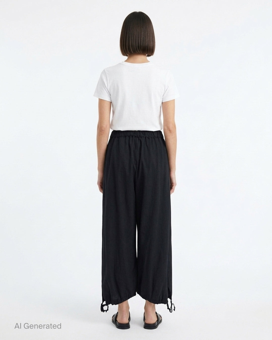 Black cropped wide-leg wool pants with an elasticated waistband and drawstring tie hems by Comme des Garçons Girl - back