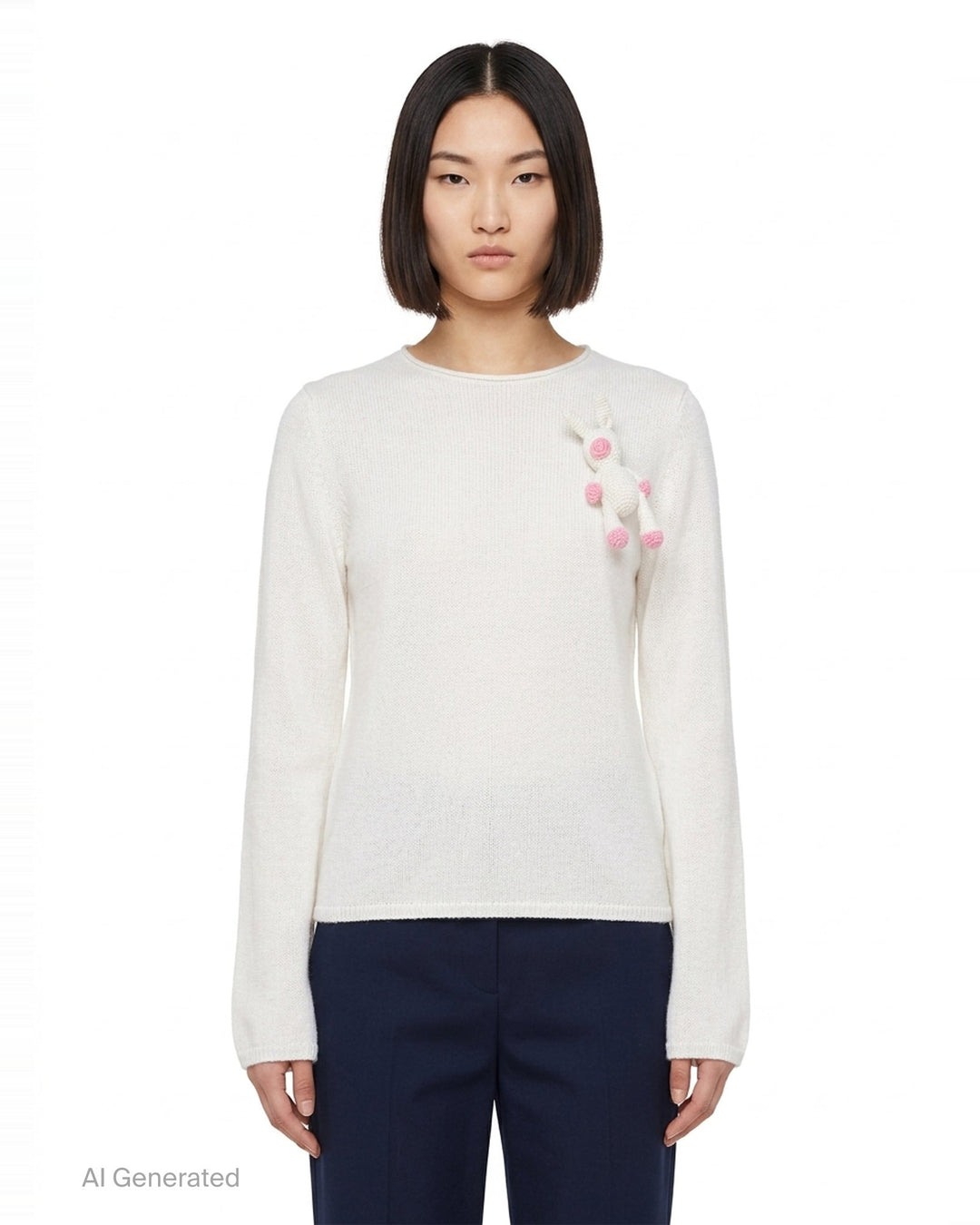 Comme des Garçons Girl ivory long sleeve fine knit top with 3D crochet unicorn appliqué in white and pink on the chest, crew neckline, flat lay on white background - front