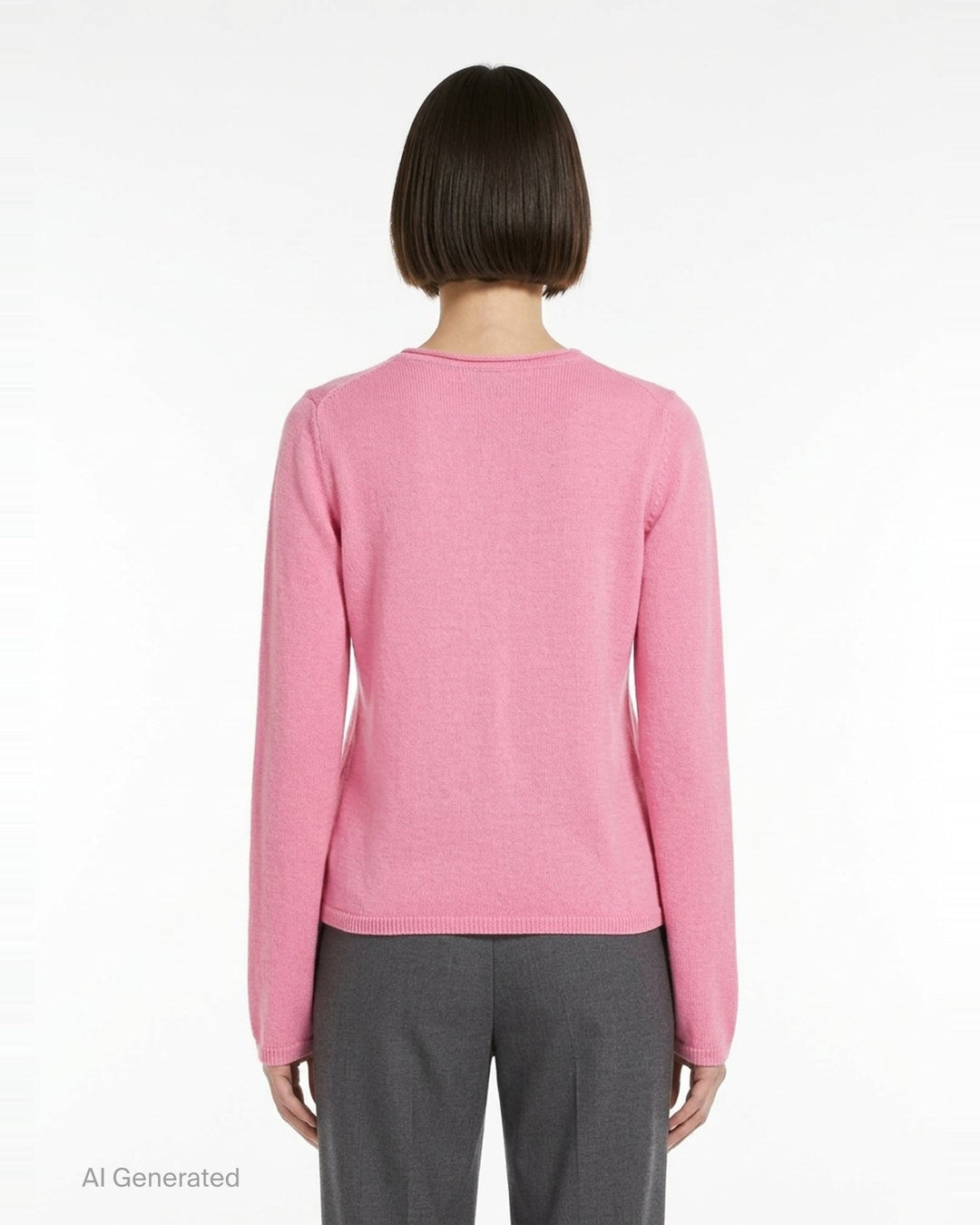 Comme des Garçons Girl ivory long sleeve fine knit top with 3D crochet unicorn appliqué in white and pink on the chest, crew neckline, flat lay on white background - back