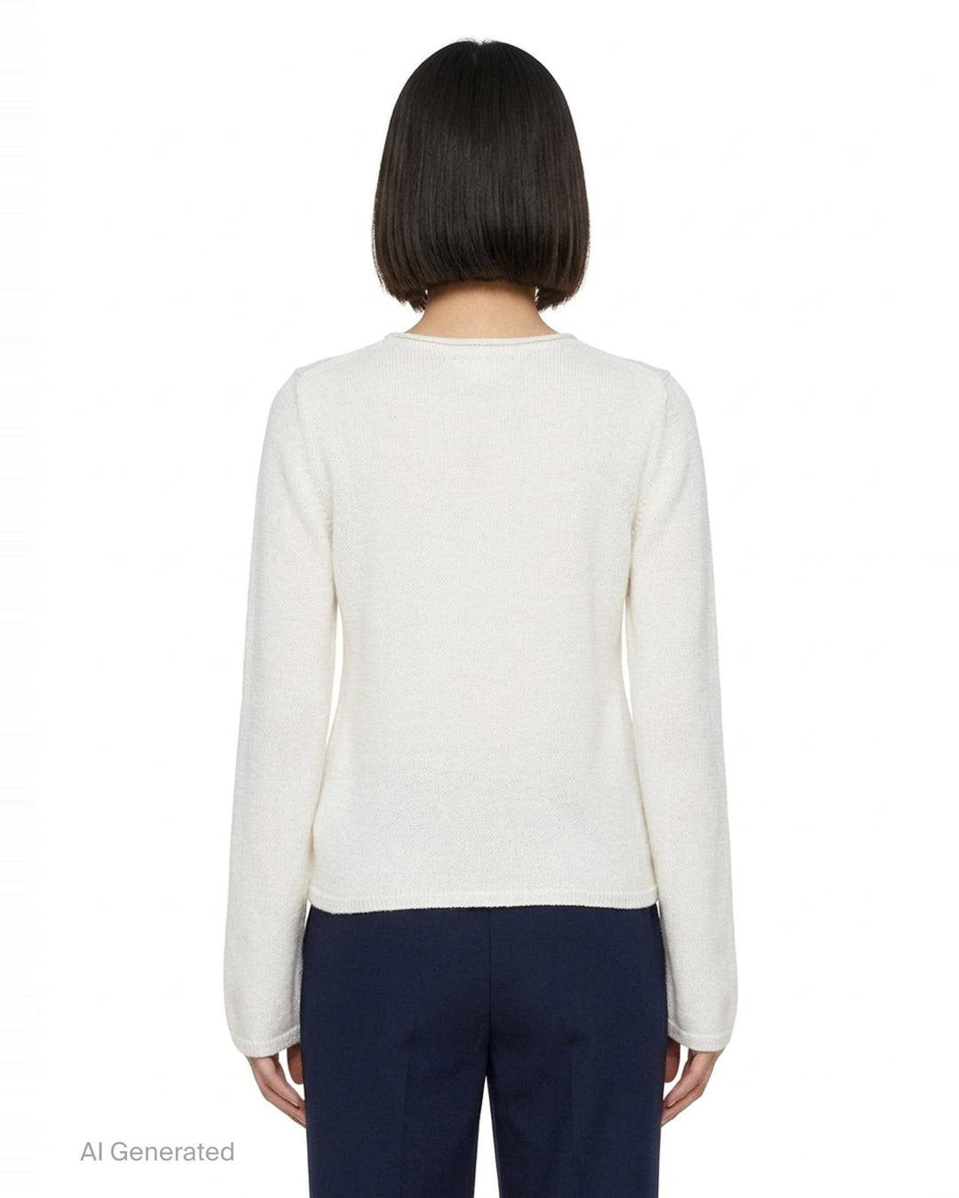 Comme des Garçons Girl ivory long sleeve fine knit top with 3D crochet unicorn appliqué in white and pink on the chest, crew neckline, flat lay on white background - back