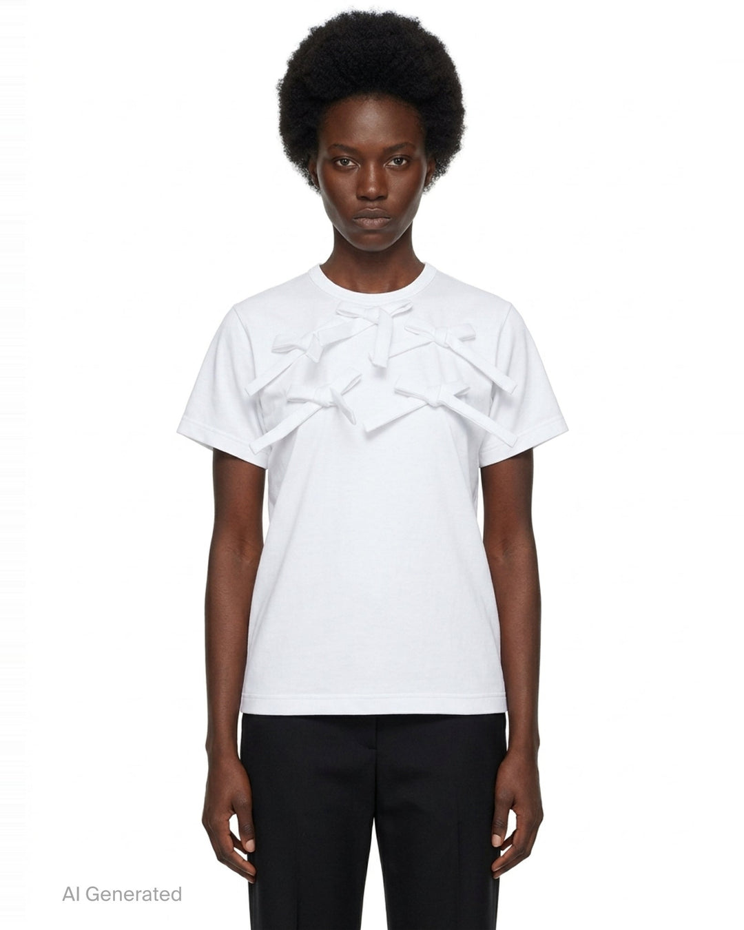 Comme des Garçons Girl pink short sleeve tee with multiple ribbon bows scattered across the chest, relaxed boxy fit with turned-back cuffs and ribbed hem - front