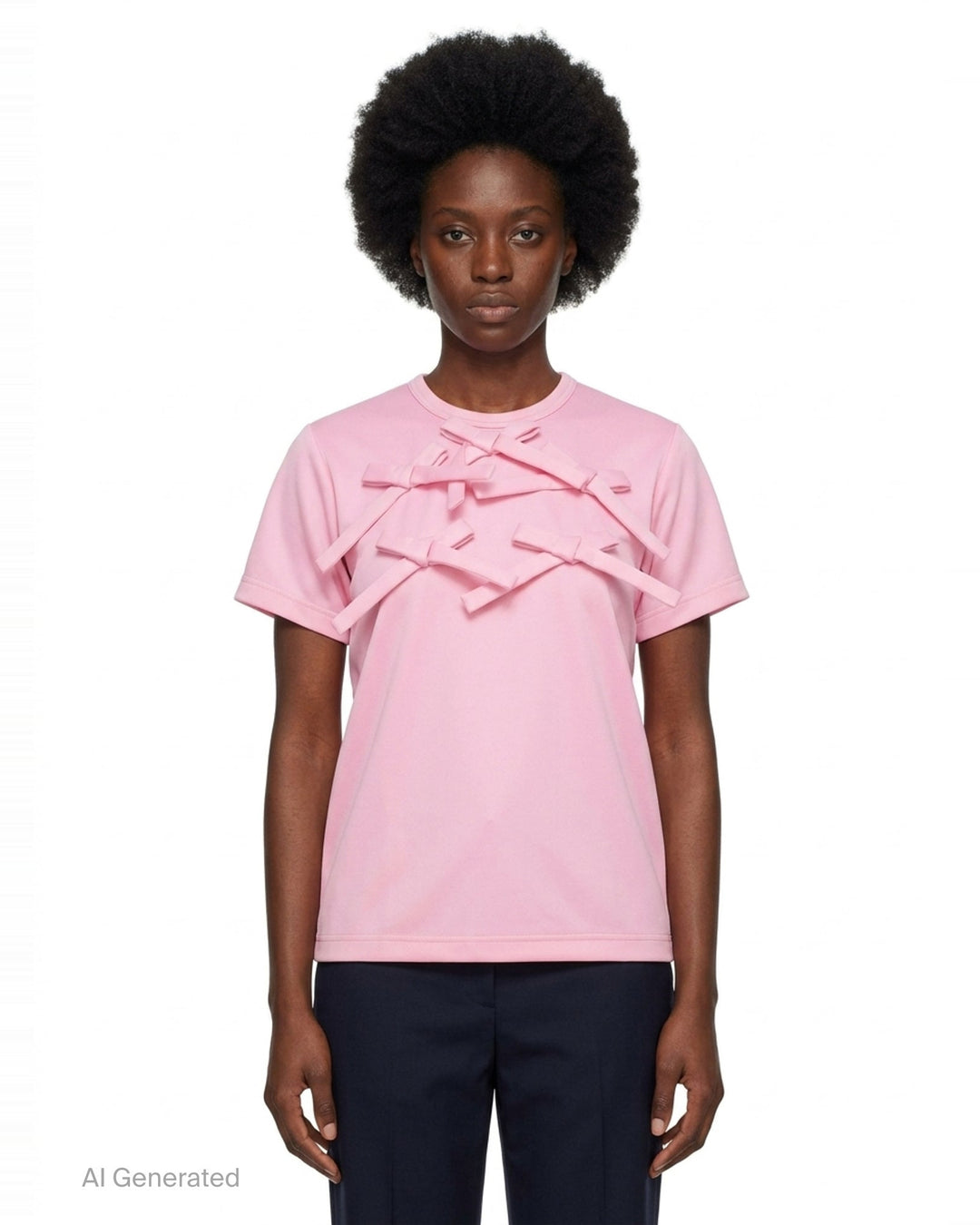 Comme des Garçons Girl pink short sleeve tee with multiple ribbon bows scattered across the chest, relaxed boxy fit with turned-back cuffs and ribbed hem - front