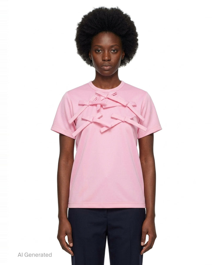 Comme des Garçons Girl pink short sleeve tee with multiple ribbon bows scattered across the chest, relaxed boxy fit with turned-back cuffs and ribbed hem - front