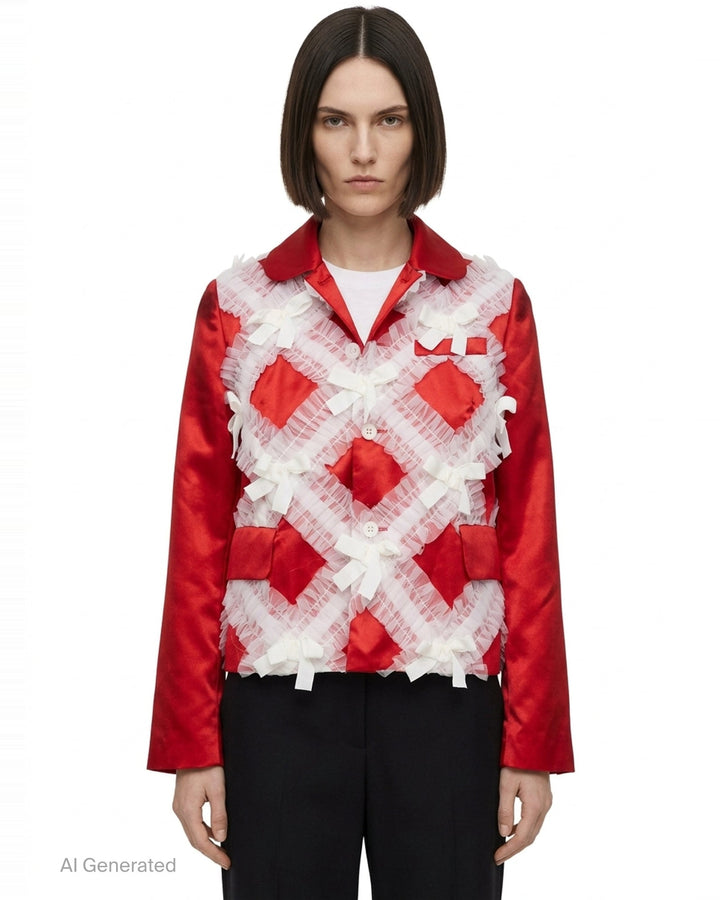 Comme des Garçons Girl black satin jacket with sheer tulle criss-cross ruffles and white ribbon bows across the front body, shown flat on a white background - front