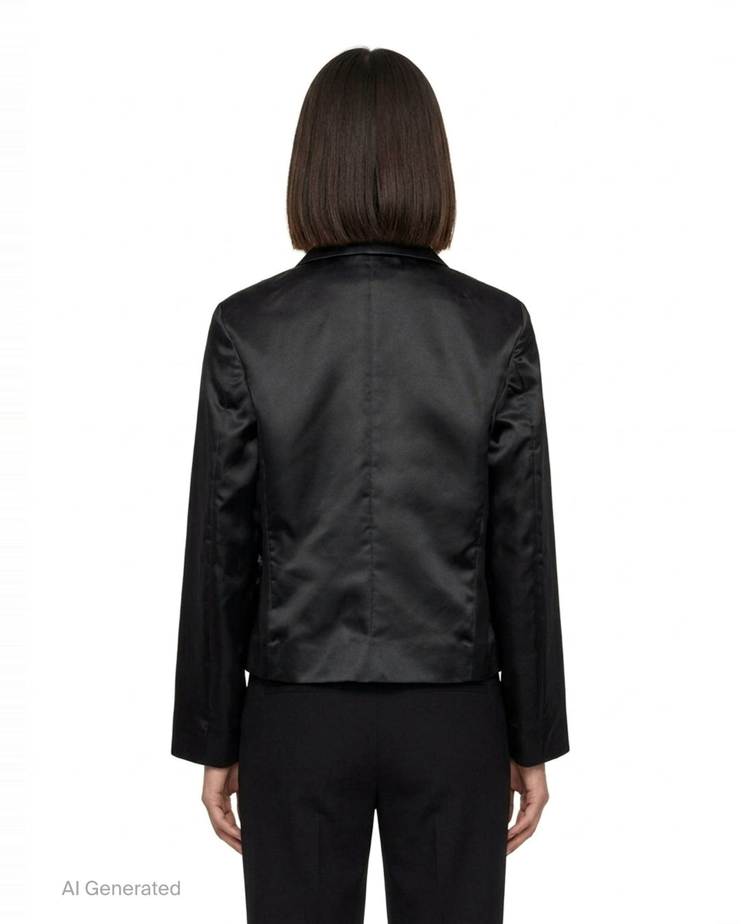 Comme des Garçons Girl black satin jacket with sheer tulle criss-cross ruffles and white ribbon bows across the front body, shown flat on a white background - back