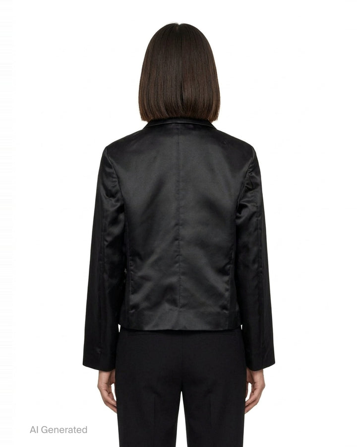 Comme des Garçons Girl black satin jacket with sheer tulle criss-cross ruffles and white ribbon bows across the front body, shown flat on a white background - back