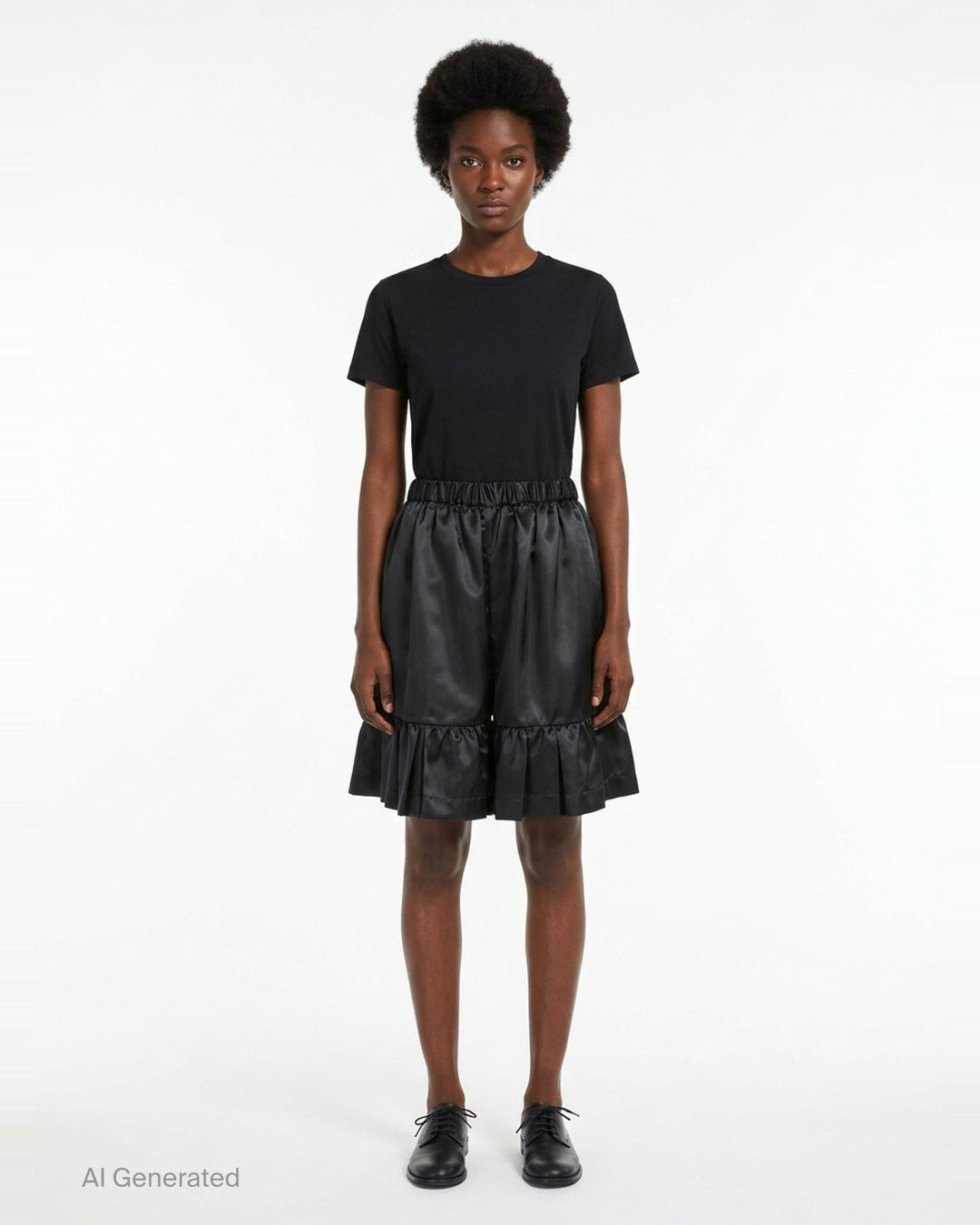 Comme des Garçons Girl black satin shorts with elasticated ruched waistband, gathered silhouette, and tiered ruffle hem, shot flat on a white background - front