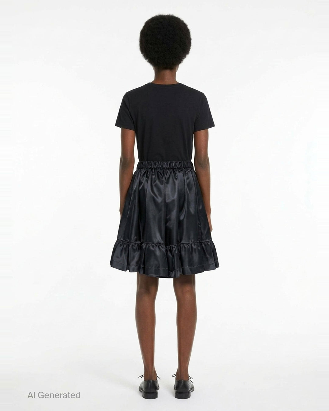 Comme des Garçons Girl black satin shorts with elasticated ruched waistband, gathered silhouette, and tiered ruffle hem, shot flat on a white background - back