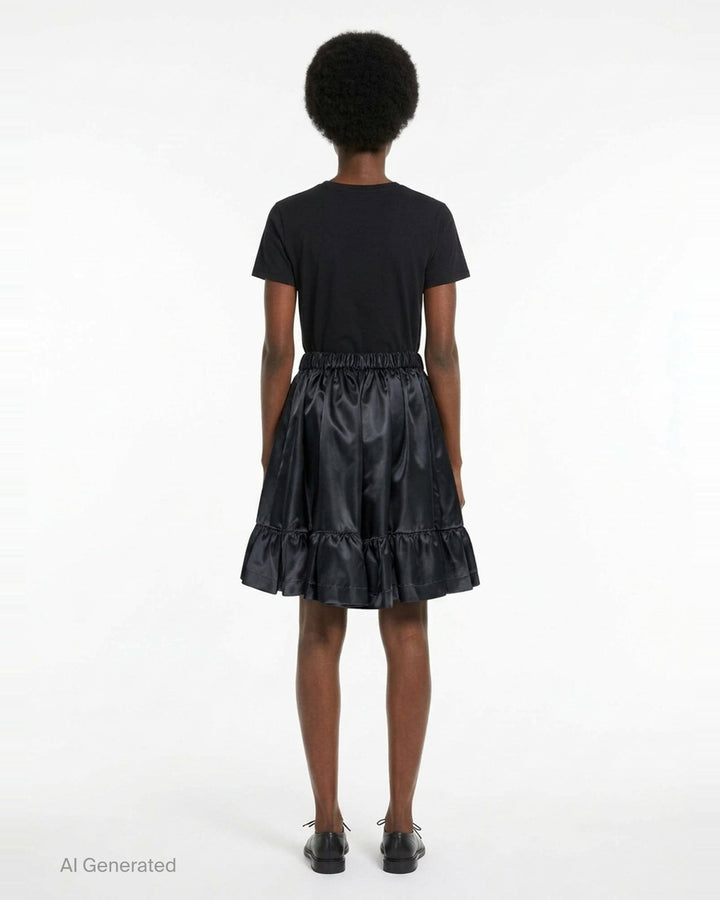 Comme des Garçons Girl black satin shorts with elasticated ruched waistband, gathered silhouette, and tiered ruffle hem, shot flat on a white background - back