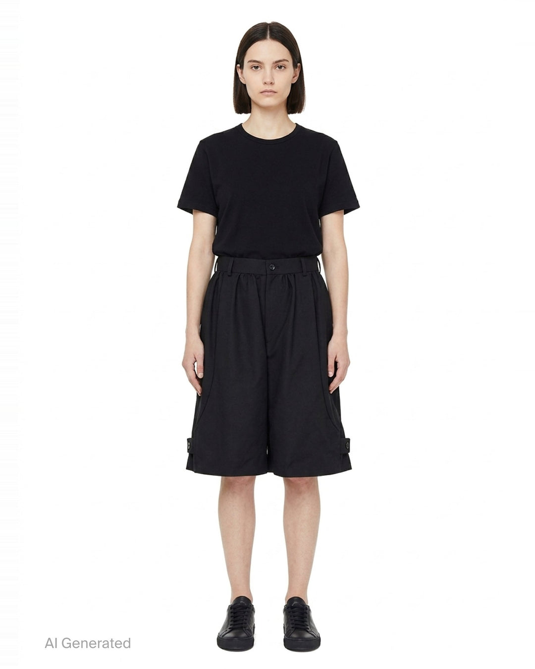 Comme des Garçons Girl black tailored knee-length shorts with wide-leg silhouette, soft pleating at the high-rise waistband, single-button closure, and cuffed hems - front