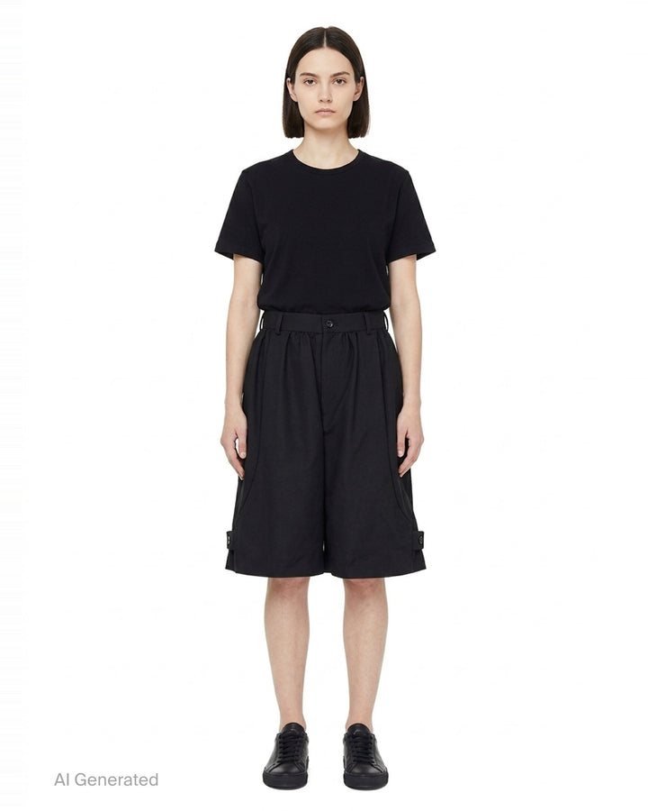 Comme des Garçons Girl black tailored knee-length shorts with wide-leg silhouette, soft pleating at the high-rise waistband, single-button closure, and cuffed hems - front
