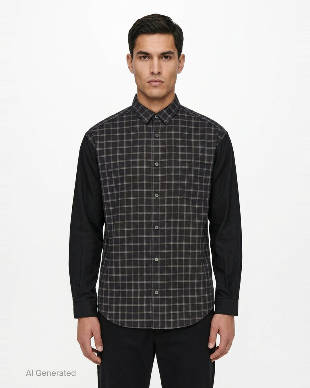 Comme des Garçons Homme long sleeve shirt with dark windowpane check cotton body and contrast solid black cotton broad cloth sleeves, shown flat on a white background - front